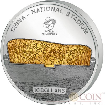 Cook Islands BEIJING STADION $10 Series WORLD MONUMENTS Silver Coin 2014 Proof Gilded